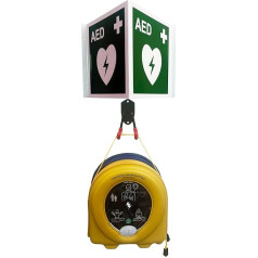 Notfallretter.de® AED PAD360P defibrilatora komplekts ar metāla sienas āķiem, AED avārijas komplekts un atrašanās vietas leņķis