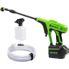 Greenworks Tools G24PW akumulatora spiediena mazgātājs (Li-Ion 24 V 300 W motora jauda 24 bāru spiediens 180 l/h plūsmas ātrums 5 virzienu sprausla 6 m šļūtene bez akumulatora un lādētāja) Zaļš, pelēks, melns