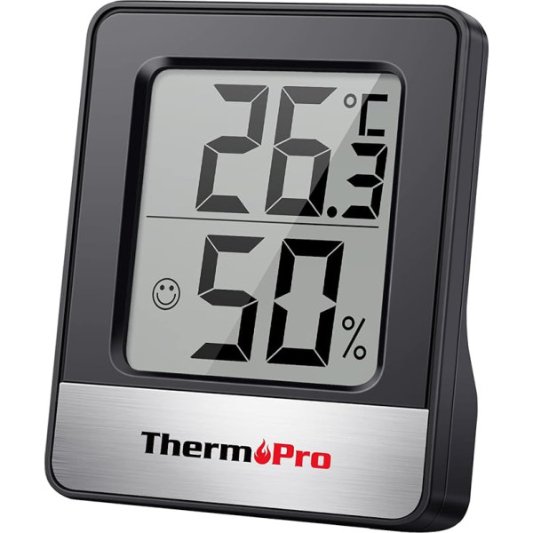 ThermoPro TP49 Digitālais mini termohigrometrs iekštelpu termometrs higrometrs temperatūras un mitruma mērītājs ar telpas klimata indikatoru telpas klimata kontrolei, melns