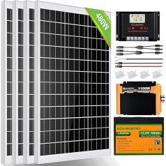 ECO-WORTHY 2 kW-h saules sistēma, 480 W, 24 V, ar invertoru un akumulatoru, bez tīkla, autofurgoniem: 4 x 120 W saules moduļi + 60 A uzlādes kontrolieris + 2 x 50 Ah litija akumulatori + 1500 W invertors.