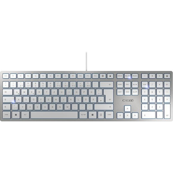 Cherry KC 6000 Slim tastatūra, vācu QWERTZ izkārtojums, vadu, šķērveida mehānisms perfektiem taustiņu sitieniem, īpaši plakans dizains, sudraba krāsā