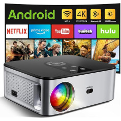 HORLAT projektors 4K mājas kino, 25000 lūmenu, projektors Full HD 1080P ar Android 9.0, WiFi 6 Bluetooth projektors, automātiskā/4P trapeces korekcija, 50% tālummaiņa, viedprojektors ar YouTube/Prime