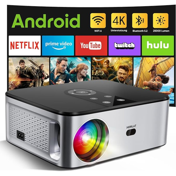 HORLAT projektors 4K mājas kino, 25000 lūmenu, projektors Full HD 1080P ar Android 9.0, WiFi 6 Bluetooth projektors, automātiskā/4P trapeces korekcija, 50% tālummaiņa, viedprojektors ar YouTube/Prime