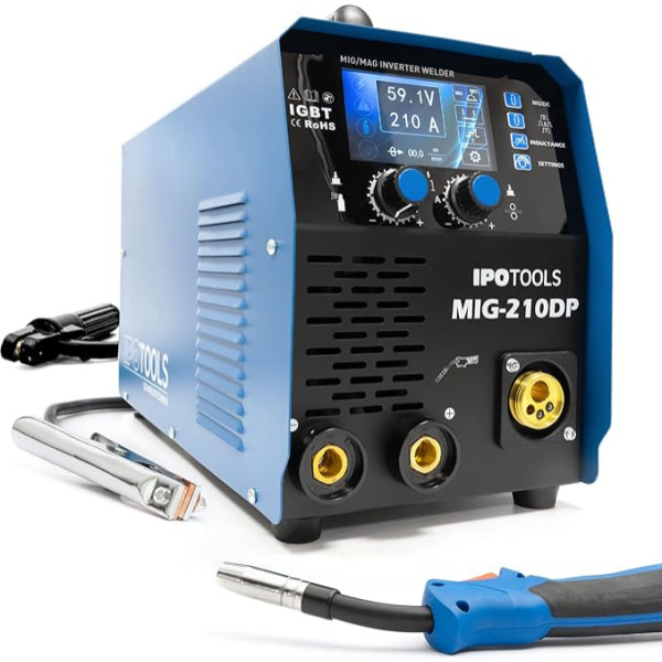 IPOTOOLS MIG-210DP 6-in-1 MIG MAG suvirinimo aparatas - apsauginis suvirinimo dujomis aparatas su 210 A sinerginio impulso dvigubo impulso funkcija / suvirinimo aparatas su šerdine viela ir elektrodais / E-Hand / IGBT / 230 V