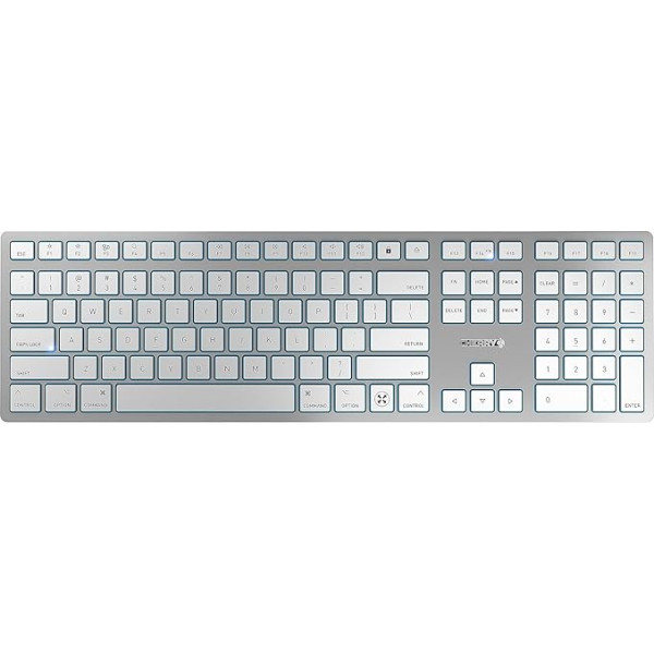 CHERRY KW 9100 SLIM FOR MAC Bezvadu Mac tastatūra, ASV izkārtojums (QWERTY), Bluetooth vai 2,4 GHz radio, plakanie taustiņi, uzlādējama, balta/sudraba krāsa