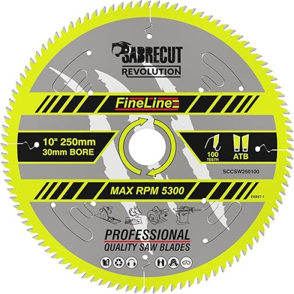 1 x SCCSW250100 SabreCut ripzāģa asmens 250mm 100T x 30mm caurums Smalkas malas finiera kokmateriālu finiera MDF skaidu plātnes šķērsgriezuma un plaisu griezējs