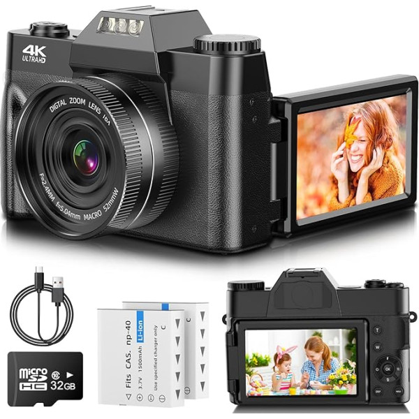 Digitālā kamera 4K UHD fotokamera 56 MP kamera ar automātisko fokusu 3 collu 180° flipekrāna zibspuldzes kompaktā kamera 16X digitālā tālummaiņa ar 32 GB Micro SD karti un 2 1500 mAh baterijām iesācējiem