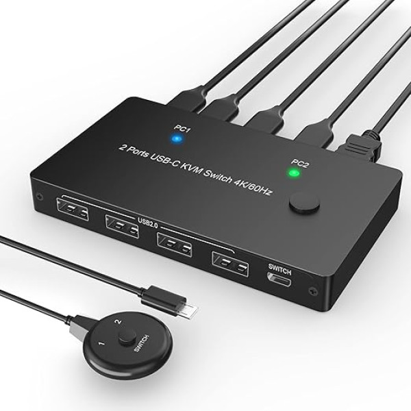 USB C KVM slēdzis 4K @ 60Hz, USB C slēdzis 2 datoru koplietošanai ar 1 HDMI HD monitoru un 4 USB ierīcēm, ar 100 W barošanas padevi, USB-C slēdzis ar USB-C kabeli, HDMI 2.0 kabelis