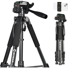 Moman Kamera Stativ, TP59F Aluminium Leichte Camera Dreibeinstative mit Kopf 150cm Höhe DSLR Fotostativ Maximale Tragfähigkeit 6KG Verstellbares Tragbares Reisestativ, Handy Tripod Ständer