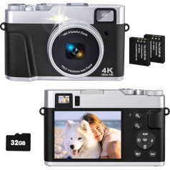 CAMKORY 4K Digitalkamera 48MP Fotokamera ar 32G karti Autofokuss Optischer Sucher 16X Zoom Kamera Fotokamera Fotoaparāts Kompaktkamera ar 2 akumulatoriem Kameratasche Blitz für Anfänger Jugendliche