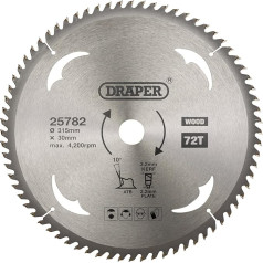 Draper 25782 TCT ripzāģa asmens kokam, 315 x 30 mm, 72 zobi, sudraba krāsā, viens izmērs