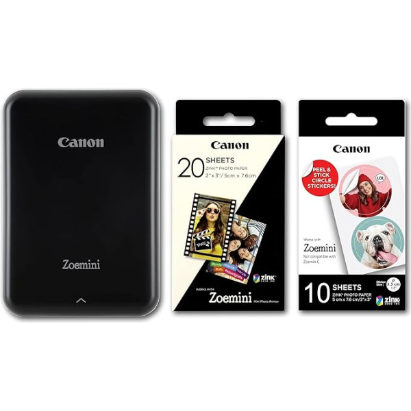 Canon Zoemini mini drukāšanas komplekts, fotoprinteris + fotopapīrs, 20 x ZINK ZP-2030 + 10 apļu uzlīmes (mobilā tūlītēja drukāšana, Bluetooth, 5 x 7,5 cm fotogrāfijas, akumulators, bez tintes, iOS, Android, drukāšanas lietotne), melns