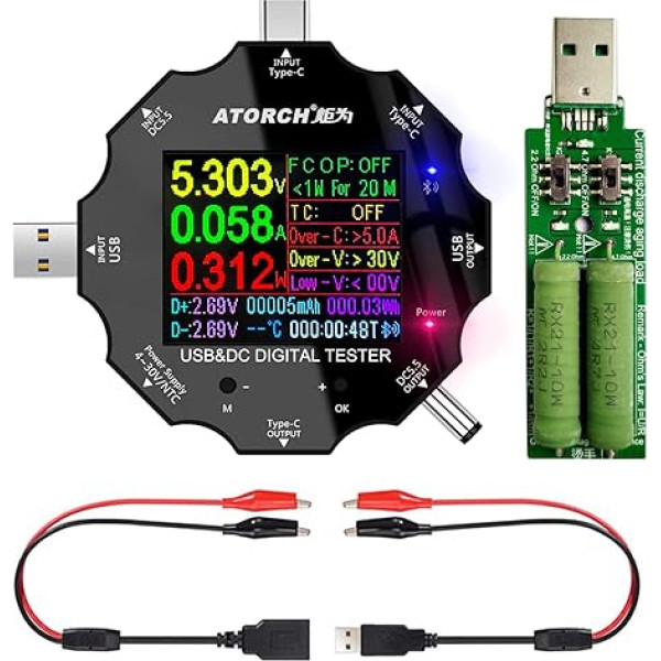 USB C testeris, 3 in 1 C tipa DC5.5 USB testeris, krāsu ekrāns IPS digitālais multimetrs, sprieguma, strāvas, jaudas, pretestības, kapacitātes detektors, ar klipsa kabeli Atbalsta PD2.0/PD3.0, QC2.0/QC3.0