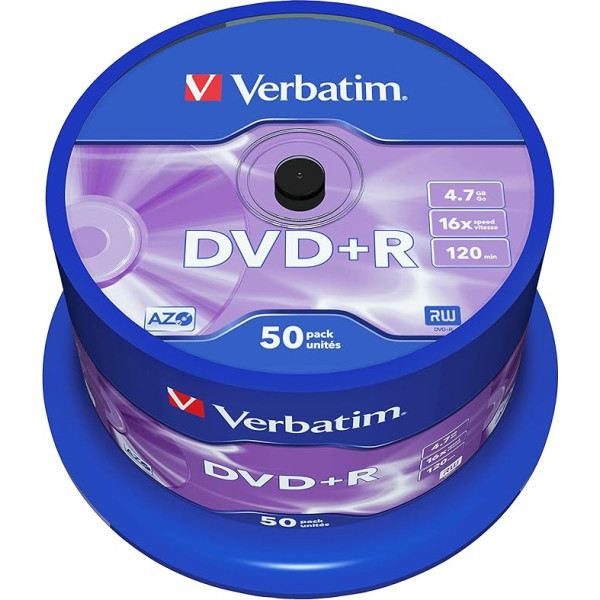 Verbatim DVD+R 16x Matt Silver 4.7GB 50 vnt. pakuotė Spindel DVD Rohlinge 16-fache Brenngeschwindigkeit & Hardcoat Scratch Guard DVD leer Rohlinge DVD Rohlinge DVD Rohlinge Spindel VB-DPR47S3A 50 Stück