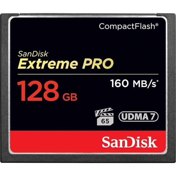 SanDisk Extreme Pro CompactFlash zibatmiņas karte 128 GB (UDMA7, 4K- un Full-HD video, VPG 65, temperatūras ierobežojums, 160 MB/s pārnesums)