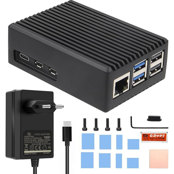 Geekworm Raspberry Pi 5 alumīnija korpuss ar 5V 5A 27W USB-C barošanas bloku (P573-EU)