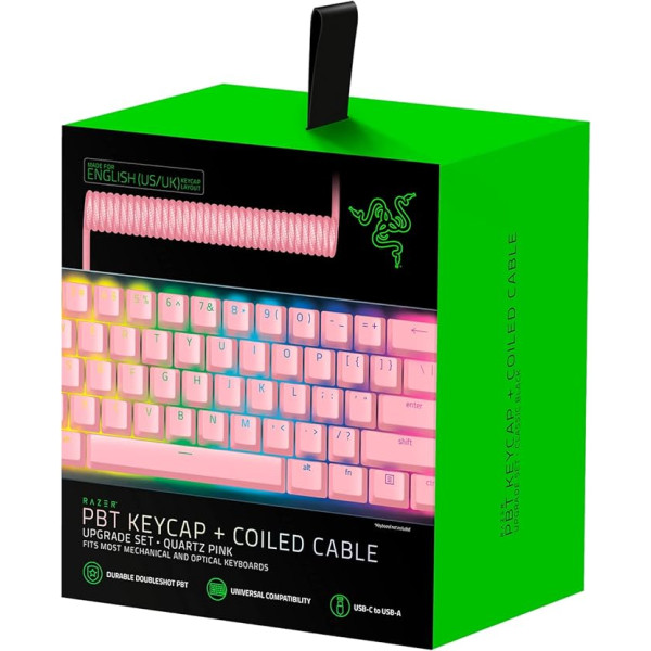 Razer jauninājumu komplekts ar PBT taustiņiem un vītņotu kabeli (120 dubultā izsaukuma PBT taustiņi, USB-C-uz USB-A kabelis, pīts šķiedras kabelis) ASV izkārtojums | Kvarcs