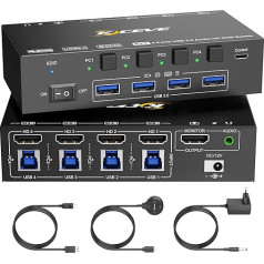 KVM slēdzis HDMI 4 porti 8K @ 60Hz, KVM slēdzis 4 PC 1 monitors 4K @ 144Hz 4 PC daļām 1 monitoram un 4 USB 3.0 ierīcēm Atbalsta audio izeju un EDID simulāciju ar DC12V barošanas adapteri un 4 USB 3.0 ierīcēm