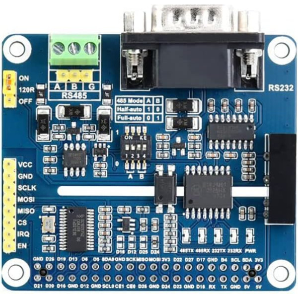 Izolēta RS485 RS232 paplašināšanas HAT plate Raspberry Pi sērijai, vadība caur SPI, aizsardzība pret pārslodzi/pārspriegumu