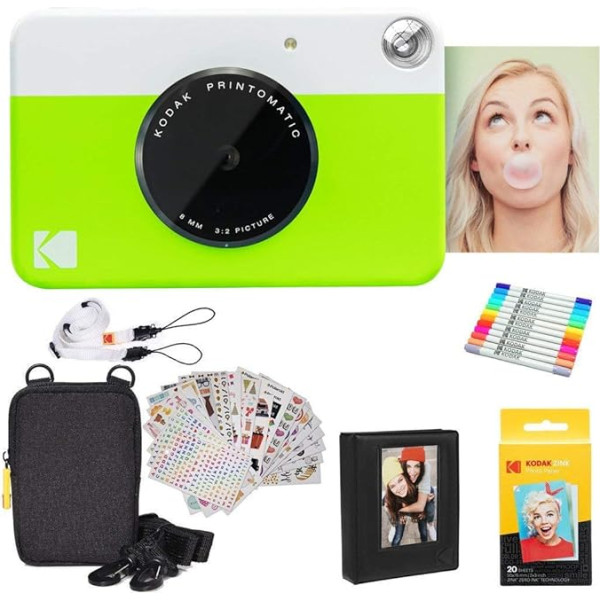 KODAK Printomatic Sofortbildkamera (Grün) Geschenkpaket + Zinkpapier (20 Blatt) + Etui + 7 Aufklebersets + Marker + Fotoalbum