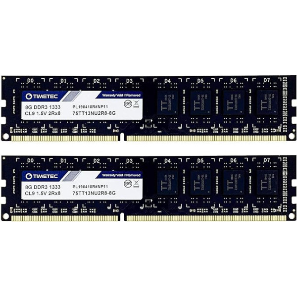 Timetec 16GB komplekts (2x8GB) DDR3 1333MHz PC3-10600 Non-ECC 1.5V CL9 2Rx8 Dual Rank 240 Pin UDIMM datoriem DDR3 1333MHz PC3-10600 bez buferizācijas 1.5V CL9 Dual Rank 240 Pin UDIMM datoriem Operatīvās atmiņas moduļu uzlabošana (16GB KIT (2x8GB))