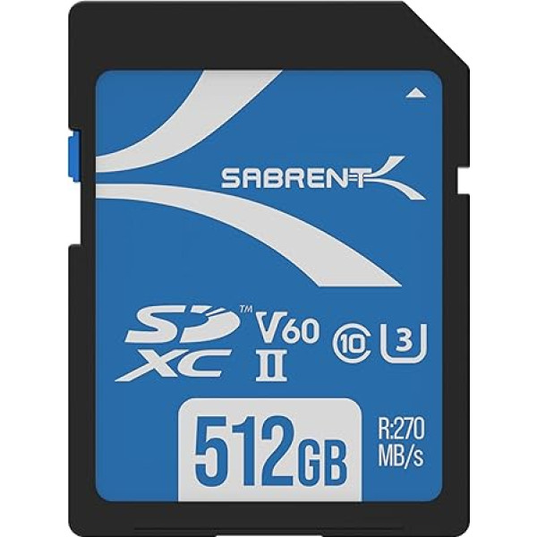 SABRENT SD karte 512GB V60, SDXC karte UHS II, SD atmiņas karte 10. klases, U3, R270MB/s W170MB/s Full HD Ultra 8K (SD-TL60-512GB)