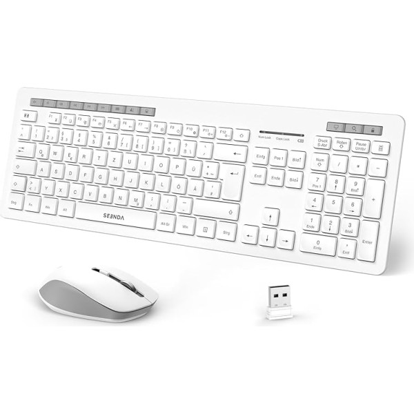 Bezvadu tastatūras un peles komplekts, 2,4 GHz bezvadu tastatūra ar peli un USB uztvērēju, QWERTZ izkārtojums, 14 multivides saīsnes Windows, klēpjdatoram, datoram, galddatoram, balts