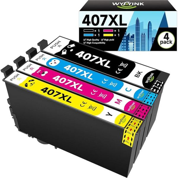 WYFYINK 407 407XL priekš Epson 407XL Multipack - 407 XL kasetnes saderīgas ar Epson Workforce Pro WF-4745DTWF WF-4745 WF-4745 WF4745 printeri (1 melna, 1 ciānkrāsas, 1 magenta, 1 dzeltena, 4 gab.)