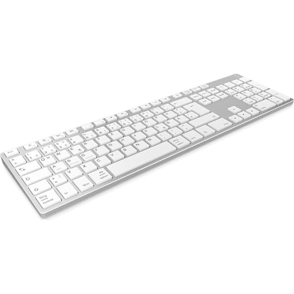 Keysonic 60395 Bezvadu Bluetooth tastatūra no alumīnija Mac, Windows, Android, planšetdatoriem un personālajiem datoriem, akumulatora, daudzkanālu, sudraba/pelēka krāsā