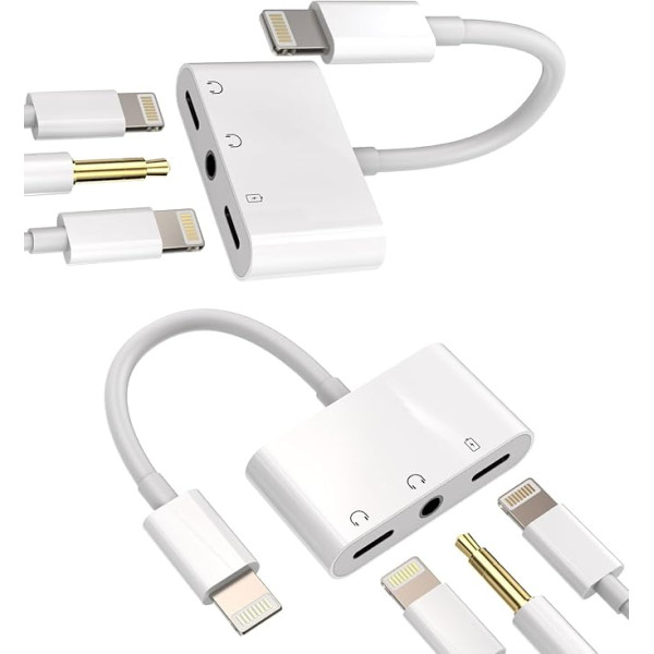 iPhone uzlādes kabelis 3-in-1 adapteris (2 iepakojumi) 3,5 mm Aux + Lightning austiņas + barošanas ligzda sadalītājs Apple MFI ātrās lādēšanas spraudnis Ātrā lādētāja spraudnis Ātrā lādētāja aksesuāri priekš 14 13 12 11 Pro Max Mini 