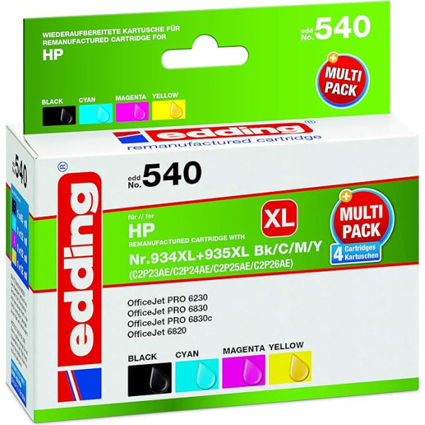 EDD-540 tintes kasetne, 4 iepakojumi - melna, zilganzaļa, dzeltena, dzeltena - 1x 45 ml + 3x 12 ml - diapazons 1x 1700 3x 1030 - aizvieto HP 934XL/935XL (C2P23/C2P24/C2P25/C2P26)