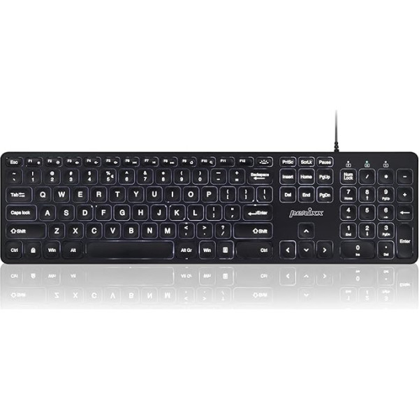 Perixx PERIBOARD-331 USB tastatūra ar aizmugurējo apgaismojumu, plāns dizains ar lieliem burtu taustiņiem, balti izgaismota LED, ASV angļu izkārtojums