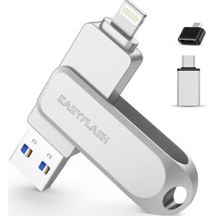 EASYFLASH USB zibatmiņas karte 512 GB iPhone, MFi sertificēta atmiņas kartes ārējās atmiņas paplašinājums iPad USB 3.0 zibatmiņas diskam mobilajam telefonam 3 in 1 C tipa Android/iPad/iPhone/Laptop/iOS (sudraba krāsā)