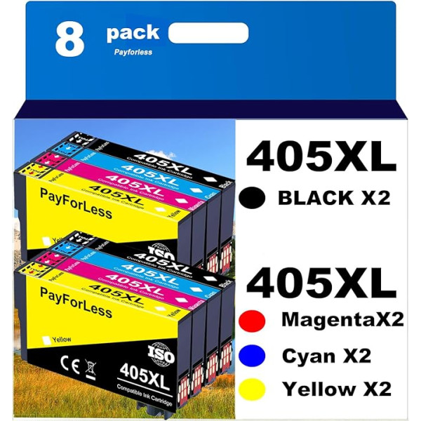 405XL multipakete, kas ir saderīga ar Epson 405 XL printeru kasetnēm, kas paredzētas Workforce Pro WF-4820 WF-3820 WF-4830 WF-7840 WF-4830 WF-3825 WF-4825 WF-7835 (8 iepakojumi - 2 melni, 2 zili, 2 magenta, 2 dzelteni)