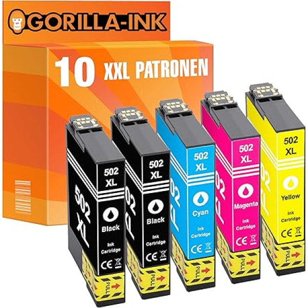 Gorilla-Ink 10 kasetnes XXL saderīgas ar Epson 502 XL 502XL | Piemērots Epson Expression Home XP-5100 XP-5105 XP-5115 Epson WorkForce WF-2860 DWF WF-2865 DWF