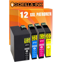 Gorilla-Ink 12 XXL kasetnes, kas saderīgas ar Epson T2711 - T2714 27XL 27 XL | Piemērots Epson WorkForce WF-3620 DWF WF-3620 WF WF WF-3640 DTWF WF-7110 DTW WF-7210 DTW