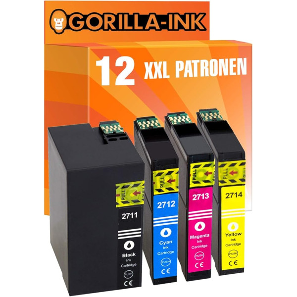 Gorilla-Ink 12 XXL kasetnes, kas saderīgas ar Epson T2711 - T2714 27XL 27 XL | Piemērots Epson WorkForce WF-3620 DWF WF-3620 WF WF WF-3640 DTWF WF-7110 DTW WF-7210 DTW