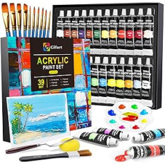 Gifort Acrylic Paint Set, 24 x 22 ml Tubes plus 10 x Brushes, Water-Based Acrylic Paint for Stone, Wood, Paper & Canvas, Acrylic Paint Set for Children, Adults, Hobby Enthusiasts & Professionals