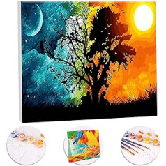 TAHEAT DIY Painting by Numbers Kit for Adults Beginners, Colourful Landscape Painting by Numbers on Canvas, DIY Acrylic Painting, 16 x 20 Inches, Sun and Moon Tree Wooden Frame