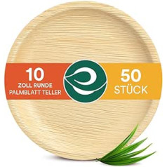 Eco Soul 100% kompostējami 25 cm apaļi palmu lapu šķīvji, augstākās kvalitātes palmu lapu trauki, izturīgi, organiski, vienreizlietojami bambusam līdzīgi šķīvji, iepakojumā 50