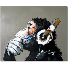 Fokenzary ar rokām apgleznota eļļas glezna uz audekla Popmāksla Jauka šimpanze klausās mūziku ar austiņām ar rāmi, kas gatavs pakarināšanai 20 x 24 collas