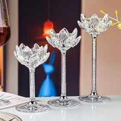 Crystal Lotus Flower Candle Holder, 3 Small Silver Tea Light Holders, Clear Silver Candle Stand, Suitable for Wedding, Parties, Christmas, Mantle Decoration and More. (White)