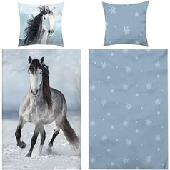 Aminata kids Bed Linen 135 x 200 cm Children's Girls Horse Motif Flannel Cotton Horse Bed Linen Reversible Set 2-Piece Blue White Zip Animals Stars