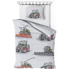 Träumschön Tractor gultas veļa 135 x 200 cm Zēni - Traktoru un kombainu dizains - Pelēka gultas veļa, izgatavota no 100% kokvilnas - FENDT Flannelette gultas veļa