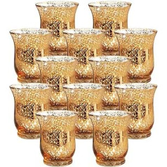 Nuptio Tea Light Candle Holder Set of 12 Mercury Glass Hurricane Votive Tea Light Holder, Speckled Gold Candle Holder for Wedding Table Party Christmas Dinner Centerpiece Decorations