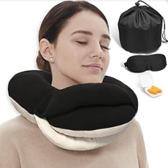 BUYUE Travel Pillow for Airplanes, 360° Neck Support Sleeping Essentials for Long Flights, Kit with 3D Contoured Eye Mask, Earplugs and Storage Bag (Large, Black)