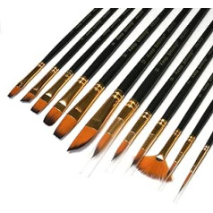 12 Piece Artist Brush Set with Synthetic Sable Hair for Acrylic, Oil and Watercolour Painting - Full Range of Sizes and Shapes