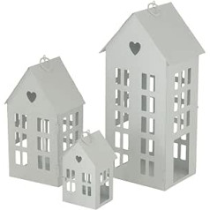 Main Street Town House Set of 3 Vintage Style Heart Detail Rustic White Metal Wavy Gable Roofs Candle Lanterns 35cm, 24cm & 14cm Tall