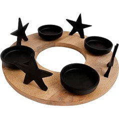 CB Home Advent Wreath Candle Holder, Wood, Black Metal, 30 cm, Christmas Adent Candles, Natural Holder