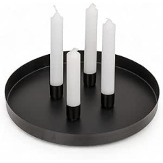 MIJOMA - Round Metal Tray Diameter 25 cm in Black, Ideal for Advent and Everyday Decoration, Powder-Coated, with 4 Magnetic Taper Candle Holders for Candles Diameter 2 cm, Individually Arranged